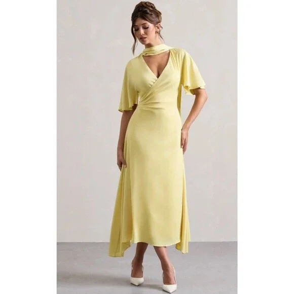 Club L London 12 L Satin Dress Yellow Lemon Lisette Maxi Flutter Sleeve Wrap - Picture 1 of 8
